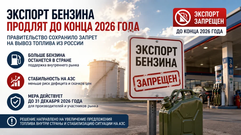 Запрет на экспорт бензина из России продлят до конца 2026 года