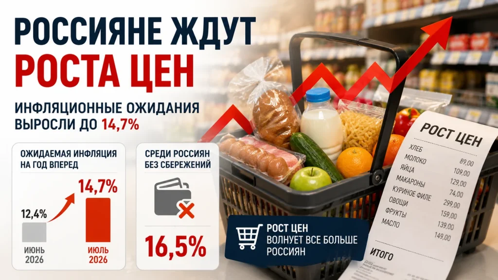 Инфляционные ожидания россиян выросли до 14,7% в июле 2026 года