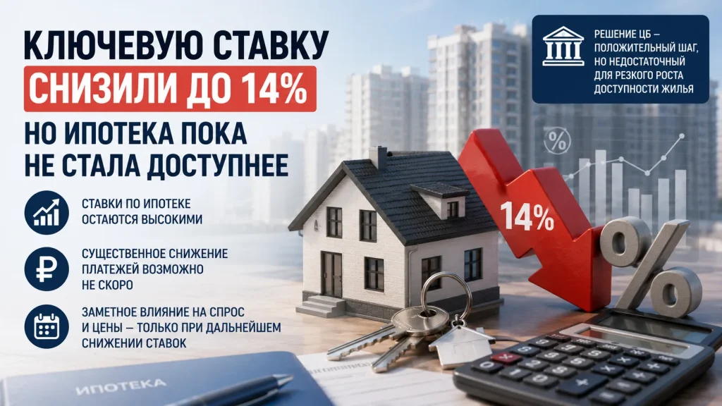 Снижение ключевой ставки до 14% пока не сделает ипотеку доступной