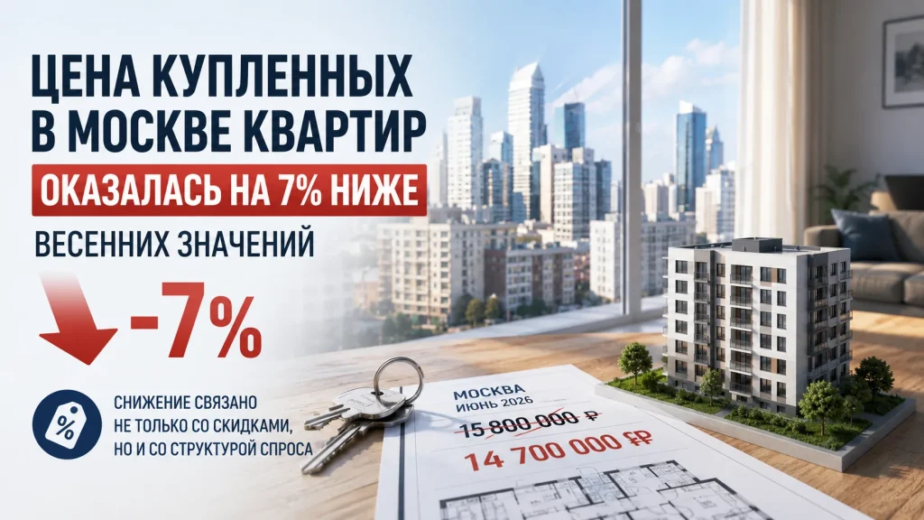 Цены купленных в Москве квартир снизились до 7% в июне