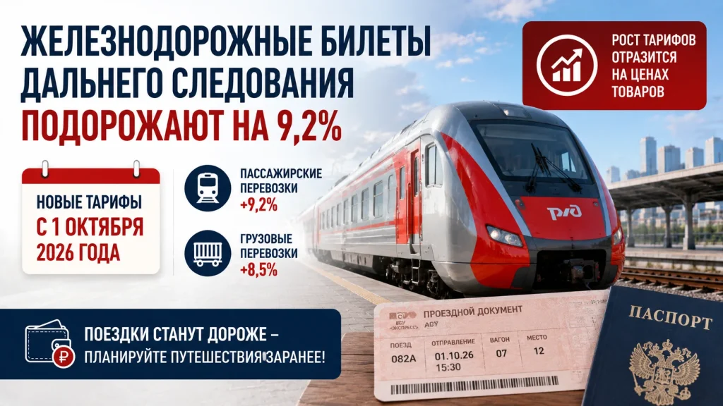 Железнодорожные билеты подорожают на 9,2% с 1 октября 2026 года