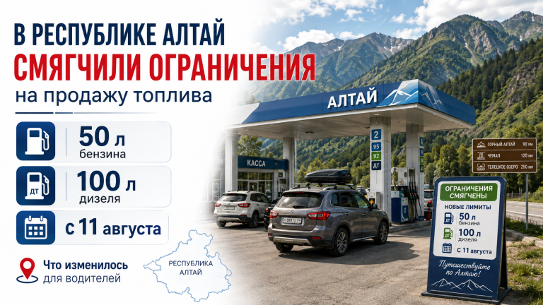 Инфографика о смягчении ограничений на продажу топлива в Республике Алтай: 50 литров бензина и 100 литров дизеля с 11 августа
