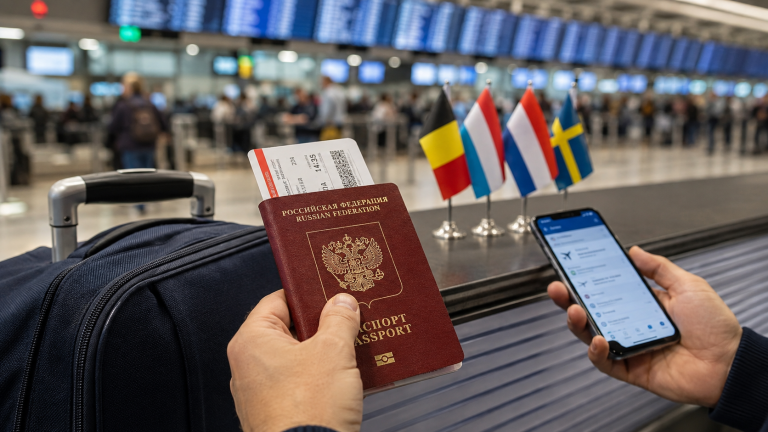 Российский загранпаспорт в аэропорту перед поездкой в Европу