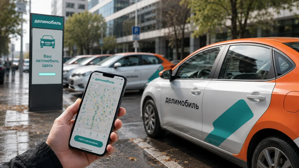 Автомобиль Делимобиля рядом с приложением каршеринга на смартфоне