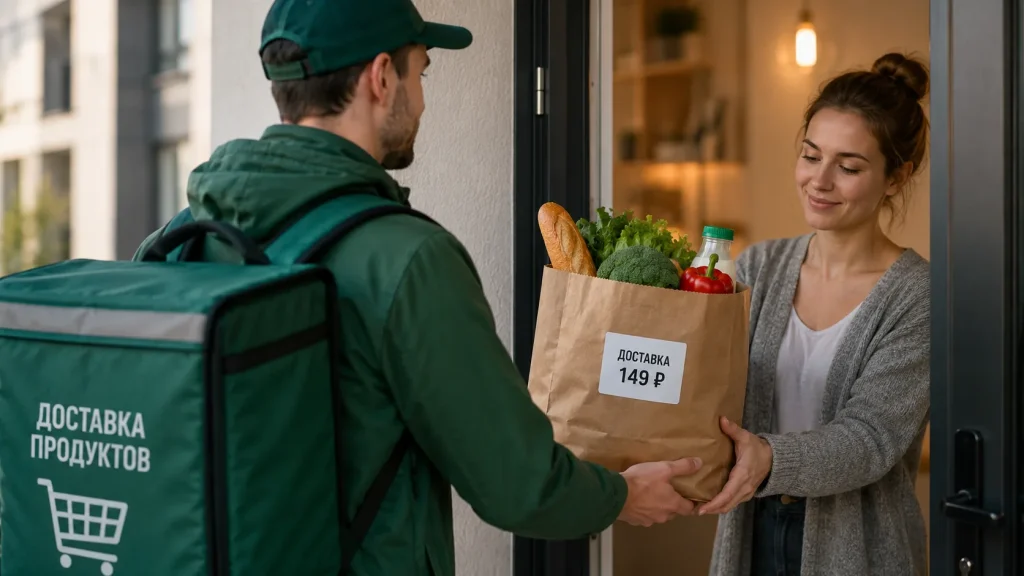 Курьер передаёт пакет с продуктами покупательнице у двери