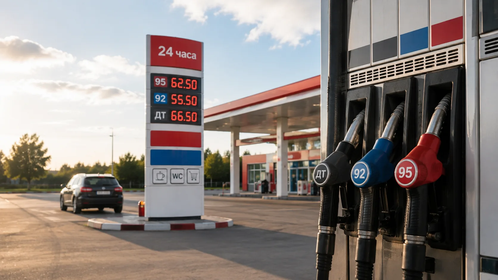 Топливные пистолеты и табло цен на автозаправочной станции