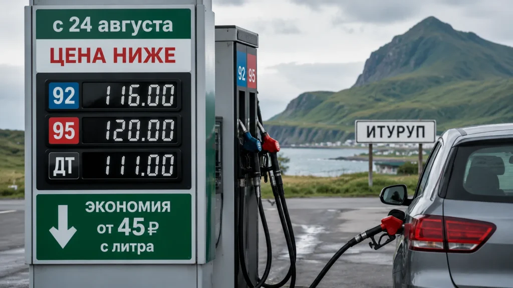АЗС на Итурупе с информацией о снижении цены бензина с 24 августа