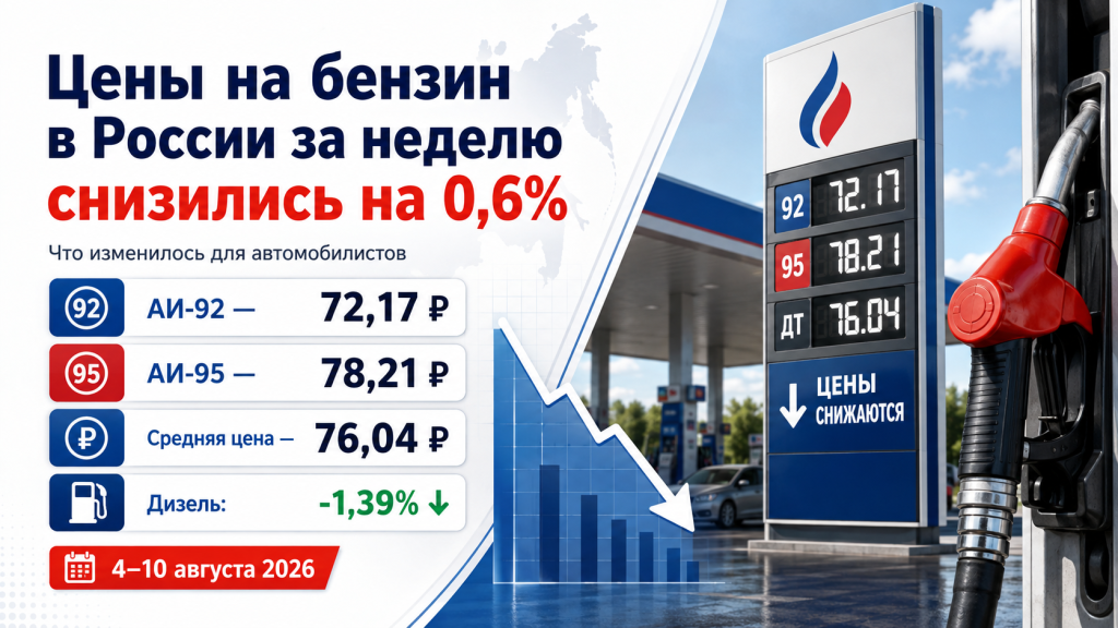 Инфографика о снижении цен на бензин в России с 4 по 10 августа 2026 года: АИ-92, АИ-95 и дизельное топливо