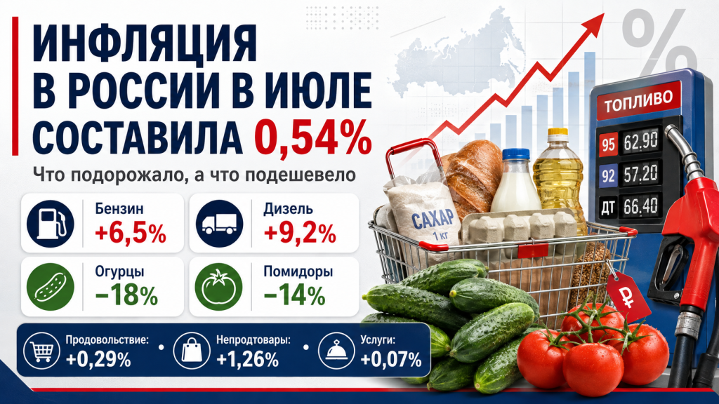 Инфографика об инфляции в России в июле 2026 года: бензин и дизель подорожали, огурцы и помидоры подешевели