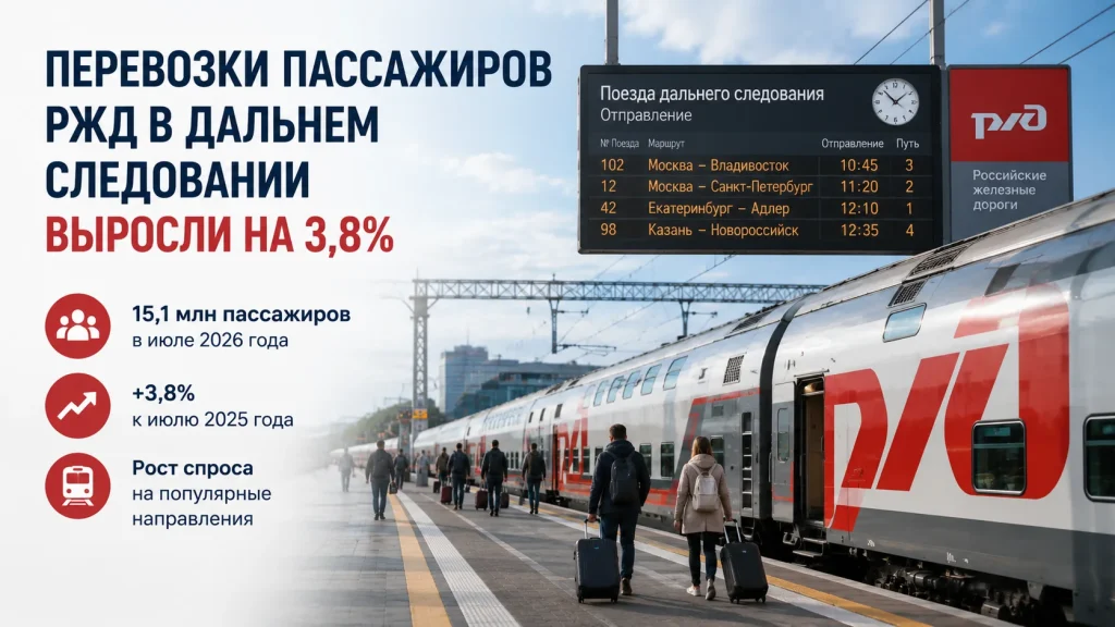 Поезд РЖД дальнего следования и данные о росте перевозок пассажиров на 3,8 процента