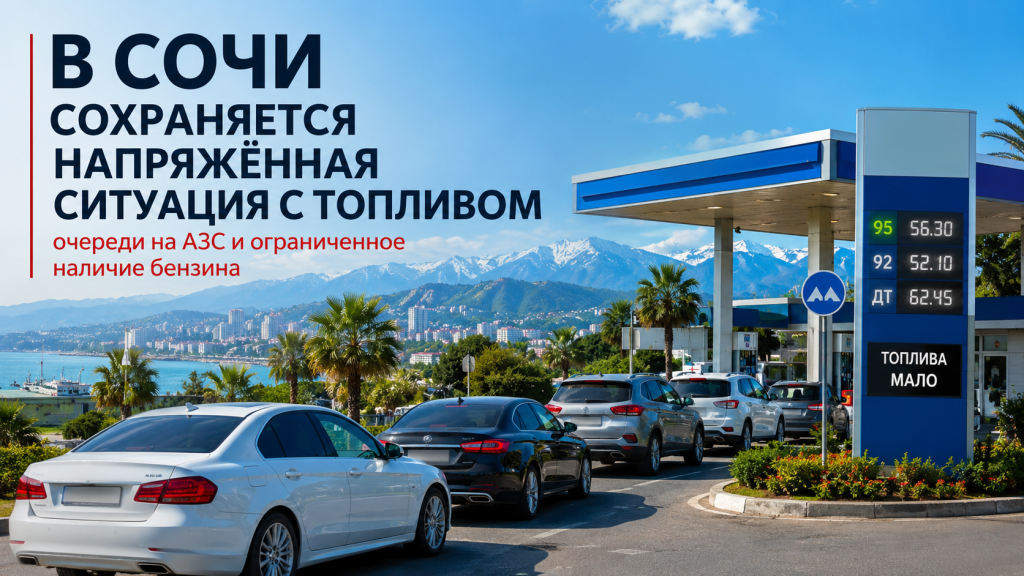Очередь автомобилей на автозаправочной станции в Сочи