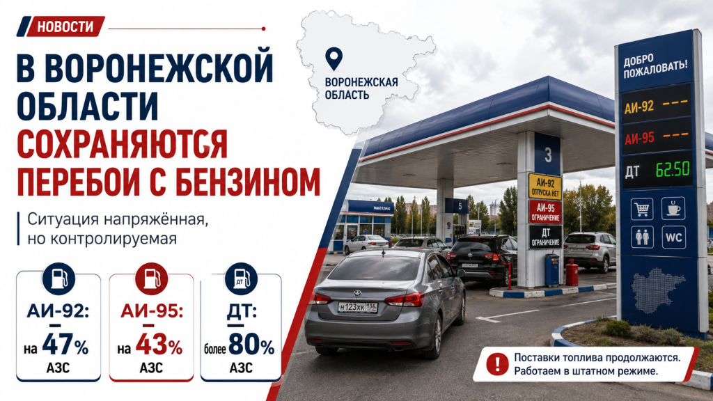 Инфографика о перебоях с бензином в Воронежской области и доступности АИ-92, АИ-95 и дизельного топлива