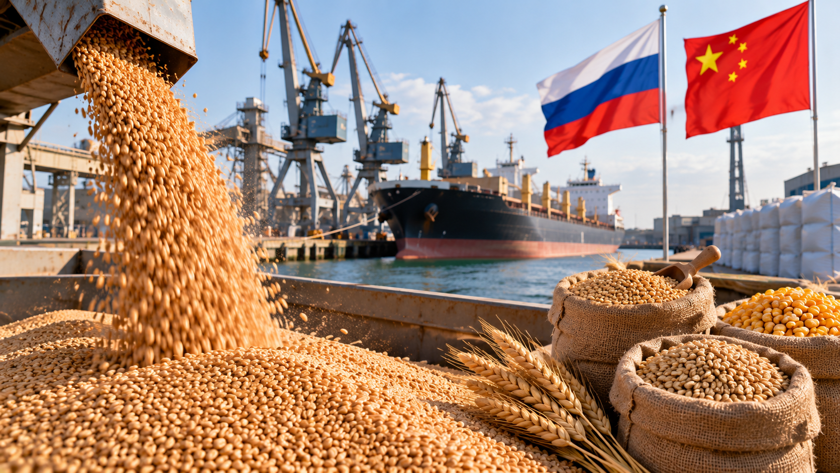 Погрузка российского зерна для экспорта в Китай