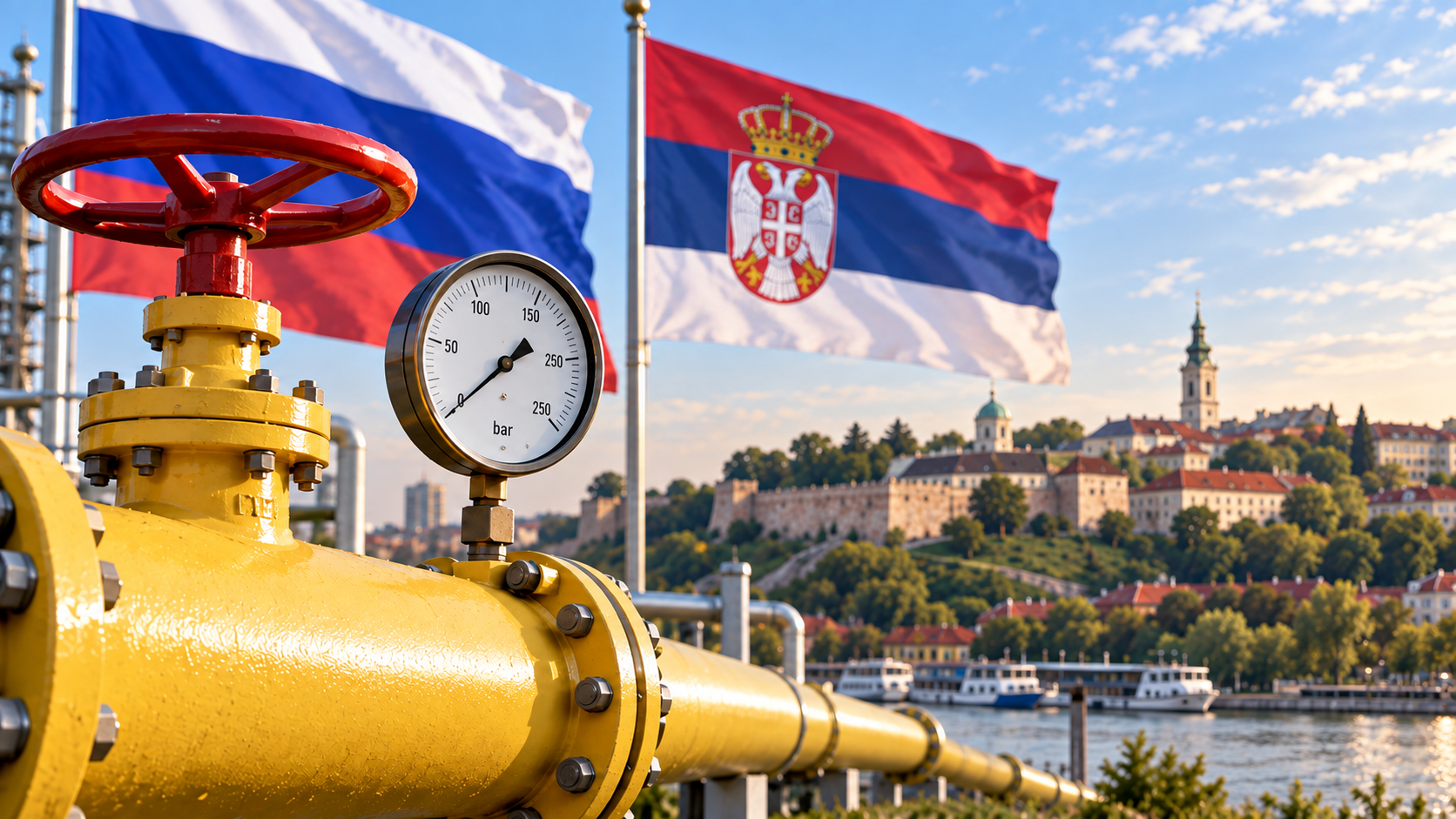 Газопровод в Сербии на фоне флага страны и Белграда