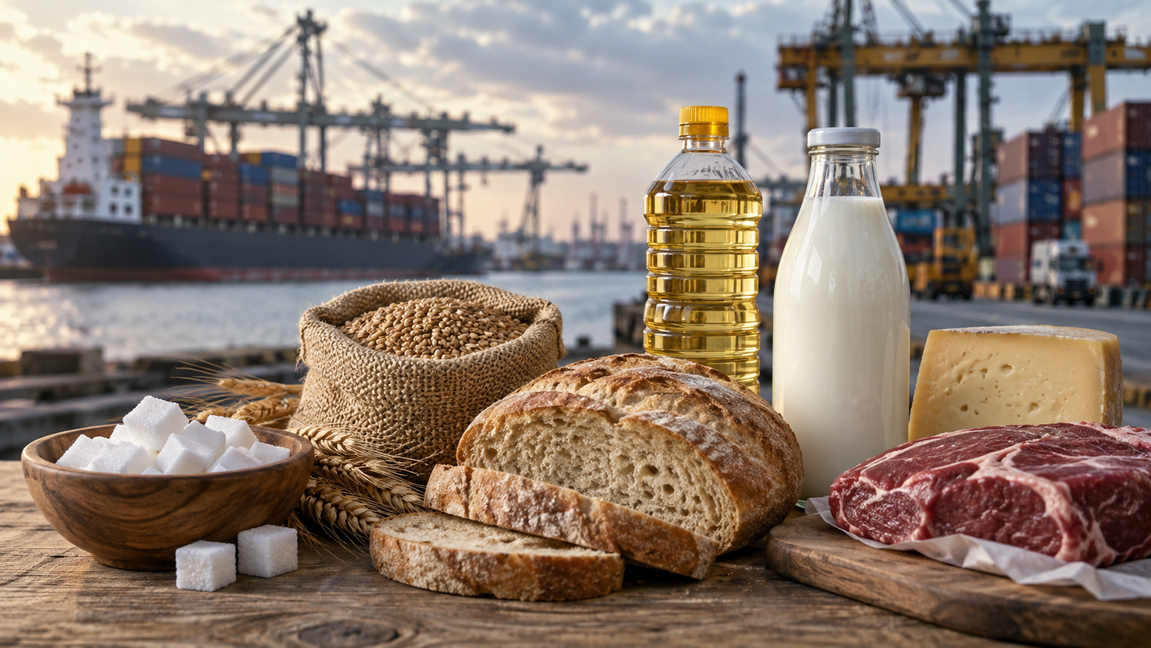 Сахар, зерно, растительное масло, молоко и мясо на фоне морского порта