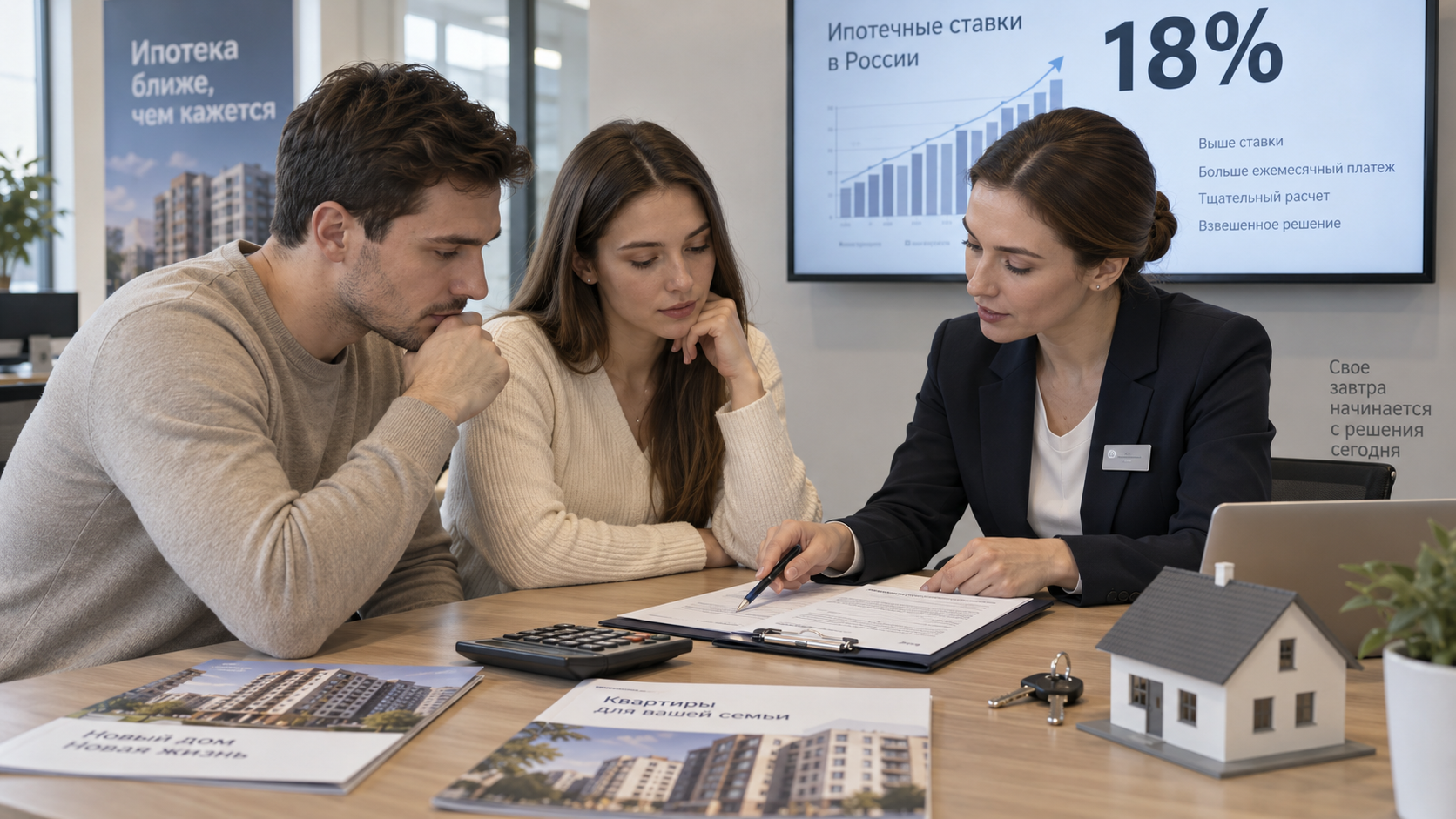 Иллюстрация консультации по ипотеке при рыночной ставке 18%