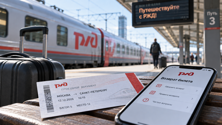 Иллюстрация железнодорожного билета и оформления возврата